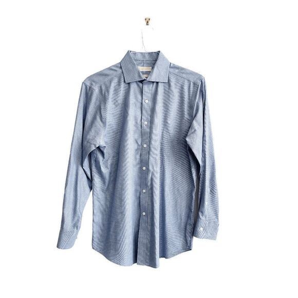 Michael Kors Mens Non Iron Shirt Button Long Sleeve Houndstooth Blue 16 Neck - Picture 1 of 8